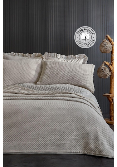 Evlen Home %100 Pamuk Çift Kişilik Özel Taş Yıkama Yatak Örtüsü Lüks Yumuşak Dayanıklı Modern Vitali Bej
