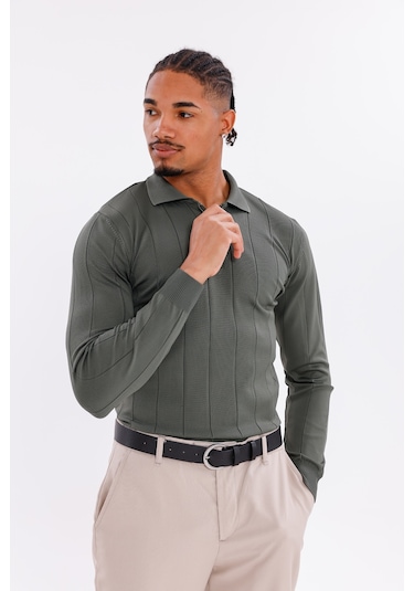 Monox Erkek Yarım Fermuarlı Polo Yaka Triko Kazak Haki