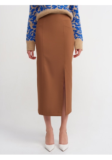 Dilvin Yırtmaçlı Kalem Etek Camel Koyu Camel