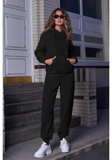 Modagen Kadın Siyah Kapüşonlu Alt Üst Eşofman Takımı Siyah