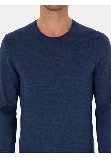 Cacharel İndigo Slim Fit Yün Karışımlı Bisiklet Yaka Basic Triko Kazak Mavi