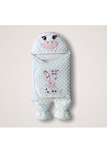 Yenidoğan Zürafa Nakışlı Şapkalı Kız Erkek Bebek Ayaklı Kundak Bebek Battaniyesi Pembe Pembe