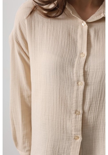 Müslin Uzun Kol Gömlek - Bej Bej