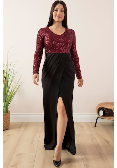 Kalopya Bacak Dekolte V Yaka Uzun Abiye Elbise 13067-