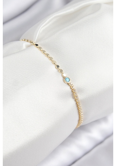 Pirinç Zirkon Taşlı Boncuk Model Ezme Zincir Gold Renk Kadın Bileklik Altın