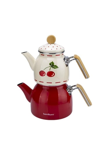 Bambum Unique - Bambu Kulplu Emaye Çaydanlık Takımı Cherry