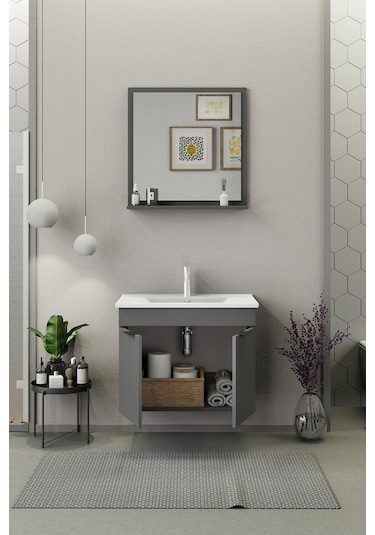 Biani Fix Arya 75 Cm Banyo Dolabı,Seramik Lavabolu, Aynalı,Lavabo Dahil,Mdf,Mat Gri Biani Fix Arya 75 Cm Banyo Dolabı,Seramik Lavabolu, Aynalı,Lavabo Dahil,Mdf,Mat Gri
