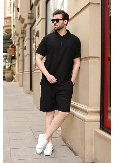 Siyah Polo Yaka T-shirt Şort Takım E7363