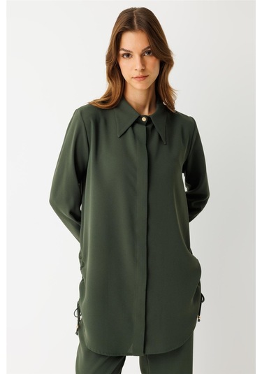 Yandan Büzgü Detaylı Pantolonlu Takım Haki Haki