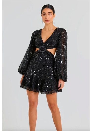 Kadın İthal Payet Kumaş Toka Detaylı Abiye Elbise Dpnbemp2584 Siyah