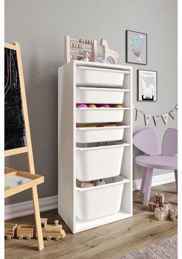 %100 Mdf - Large Mono 6 Sepetli Oyuncak Dolabı Beyaz