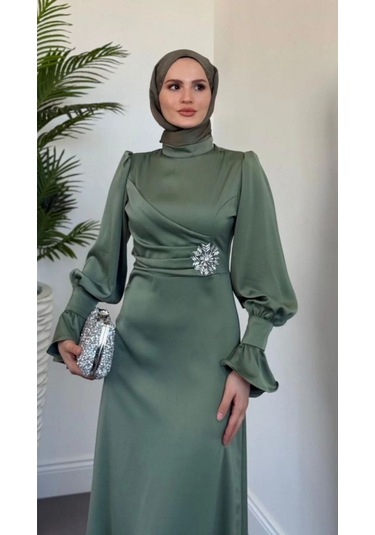 Yandan Taşlı Abiye Yeşil