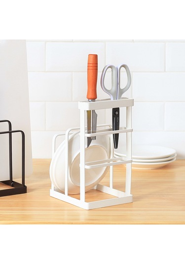 Teltree Bıçak Ve Kapak Tutuculu Mutfak Organizatörü - Kesme Tahtası Askılı Demir Raf 14x12x21cm Beyaz