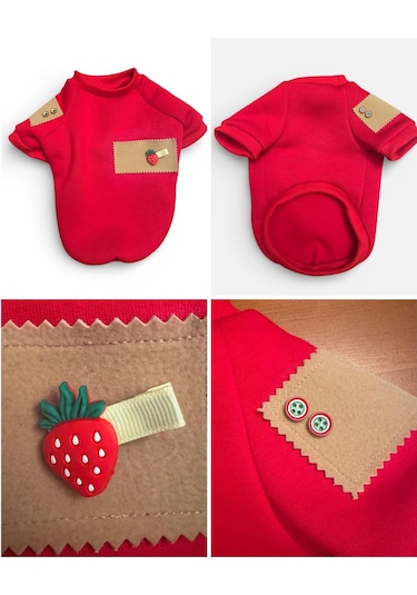 Sevimli Çilek Detaylı Kırmızı Köpek Polar Sweatshirt