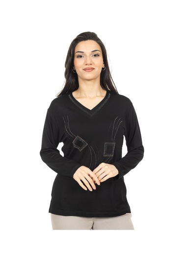 Kadın Orta Yaş Ve Üzeri Yeni Model V Yaka Taş İşlemeli Anne Penye Bluz 30560-siyah Siyah