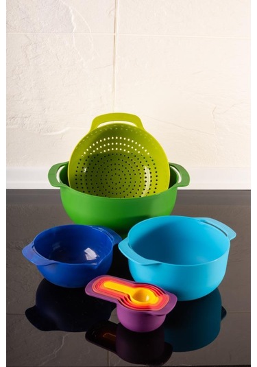 Easy Mix 9 Parça Karıştırma Kabı Seti - Ölçü Kaşığı Ve Süzgeçli Renkli Set Çok Renkli