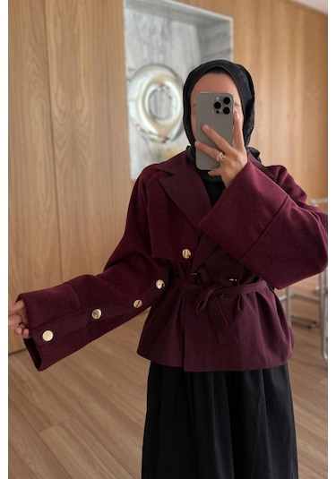 Kahijab Gold Düğme Kolları Kaşe Trençkot - Bordo