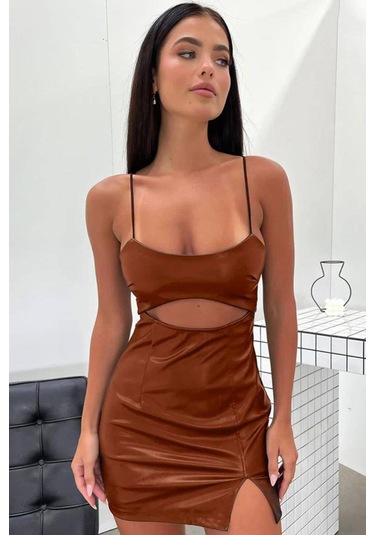 Pu Deri Elbise-KAHVE Kahverengi