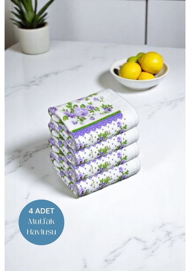 4lü Paket Baskılı Beyaz Mutfak Havlusu Modeli Lila Güller