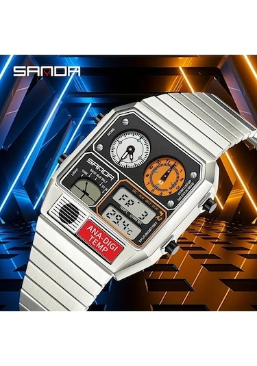 Fastbuy Gümüş Siyah A Erkek Digital Kol Saati - Kare Paslanmaz Çelik Bant Dual Ekran Altın Renk Altın