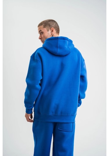 Mbb E-ticaret Erkek 3 İplik Oversize Kapşonlu Basic Sweatshirt Hoodie - Mavi