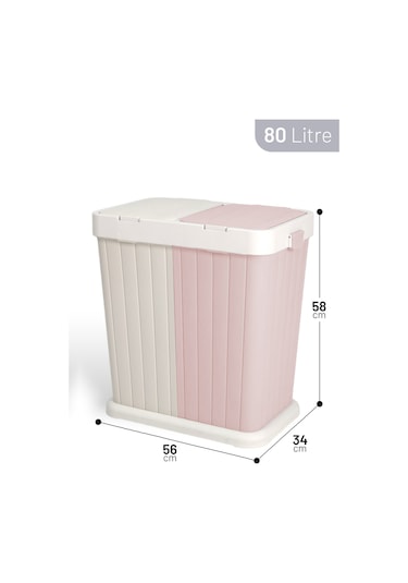 İronika Dokunmatik Kapaklı 2 Bölmeli Kirli Temiz Çamaşır Sepeti Oyuncak Sepeti 80lt Pembe-krem Pembe