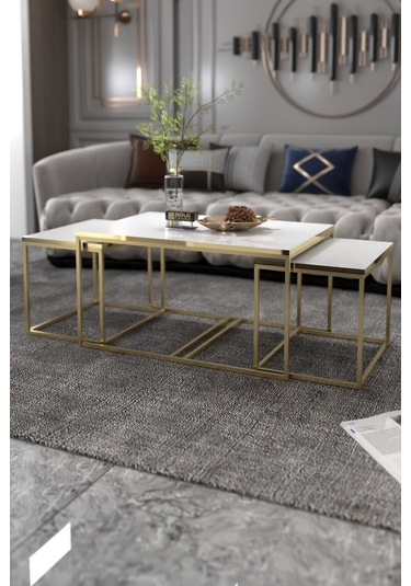 Orta Sehpa Ve Zigon Yan Sehpa Flora Set Gold Beyaz Beyaz