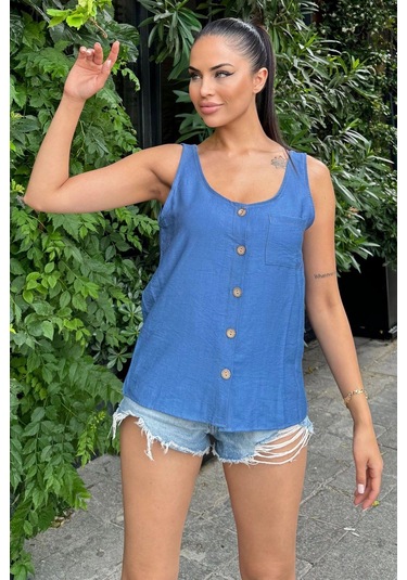 Kadın İndigo Yuvarlak Yaka Ve Düğme Detaylı, Kalın Askılı Keten Atlet Bluz Indigo