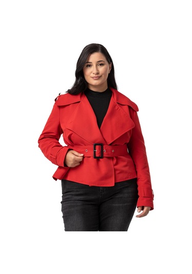 Büyük Beden Mono Yaka Kemerli Astarlı Kısa Kırmızı Trençkot Kırmızı
