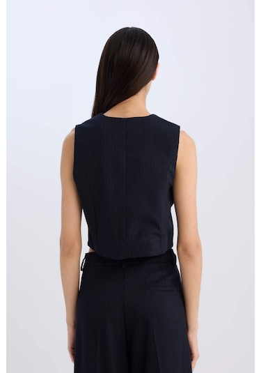 Defacto V Yaka Çizgili Düğmeli Blazer Yelek C2027AX24AUNV91 Lacivert