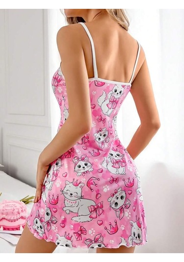 Kadın Pembe Kedi Desenli Gecelik Pembe