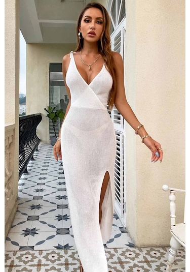 Angelsin Örme Wrap Yaka Yırtmaçlı Plaj Elbisesi Pareo Beyaz