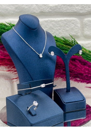 925 Ayar Gümüş Zirkon Taşlı Oval Model 4 Lü Popüler Kadın Takı Seti Gümüş