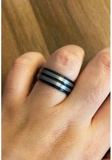 Erkek Gümüş İkili Çizgi Model Siyah Renk Tungsten Yüzük Siyah - Gümüş