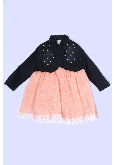 Kız Çocuk Kot Ceketli Elbise Fırfırlı Dantelli Taş İşlemeli F19 Yavruağzı