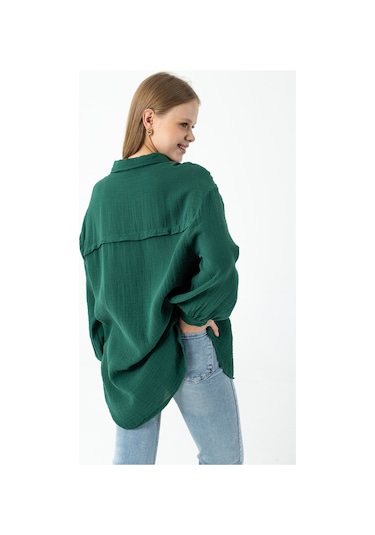 Giysa Kadın Uzun Kollu %100 Pamuklu Oversize Gömlek Yeşil - 26k 2012 Yeşil
