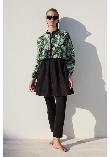 Manuka Rüzgarlıklı 3'lü Tesettür Mayo Takımı Yaprak Çok Renkli