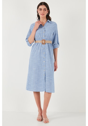 Lela Pamuklu Regular Fit Kemerli Midi Boy Gömlek Bayan Elbise 67810301 Indigo