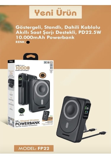 10000mah 22.5w Type-c Lightning Kablolu/kablosuz Standlı Telefon/saat Şarj Lcd Magsafe Powerbank Black
