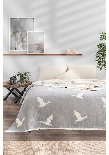 Kuş Desenli Jakarlı Pike Çift Kişilik 240 250cm Gri