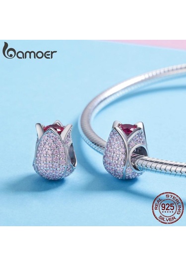 Bamoer Romantik 925 Ayar Gümüş Lale Çiçek Yaprakları Pembe Cz Boncuk Fit Kadın Bilezik Ve Kolye Gümüş - Pembe Altın