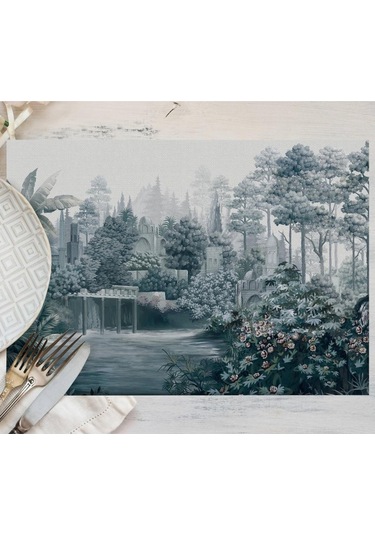 Mavi Ağaç Manzarası Amerikan Servis Keten 35x50cm Uluslararası Yıkama Ve Solmama Sertifikası Çok Renkli