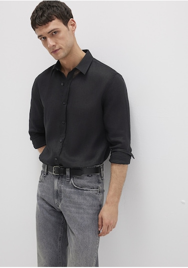 Mavi - Siyah Keten Gömlek 0211466-900 Siyah