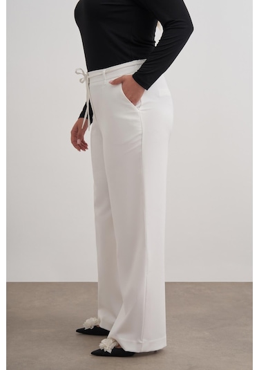 Beli Lastikli Geniş Paça Pantolon-6186 Beyaz