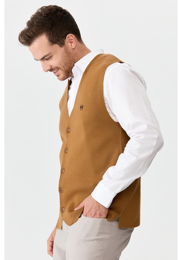 Erkek İnce Triko Düz Yelek Camel Camel