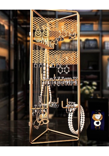 Takı Düzenleyici 3'Lü Altın Takı Organizeri Dekoratif Takılık Küpelik Bileklik Kolye Seti Standı Metal Gold