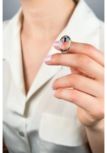 Oval Taşlı Yüzük - Gümüş Çok Renkli