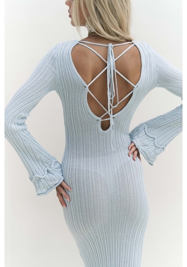 Matias Sırt Dekolteli Mavi Triko Uzun Elbise Mavi