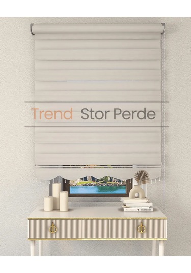 Geniş Plise Beyaz Boncuklu Zebra Stor Güneşlik Perde Opak Ekru