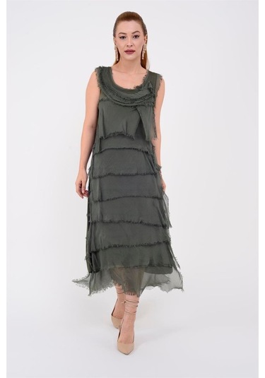 Italyan 2 Beden İnce Gösteren Kat Kat Kolsuz Ipek Elbise Koyu Haki